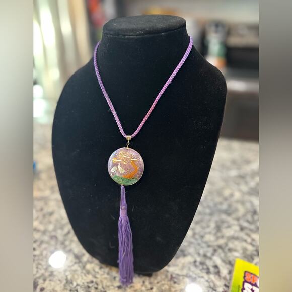 Vintage Freirich Cloisonné Purple Crane Sakura Tree DBL sided Pendant Necklace - Picture 11 of 11